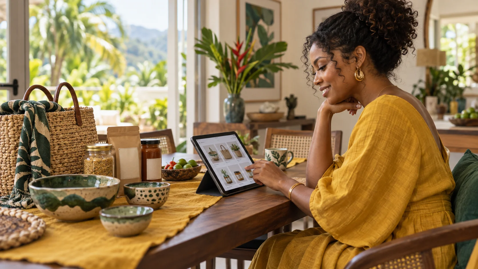 A Caribbean shopper browsing a tablet beside handcrafted homewares and local pantry products.