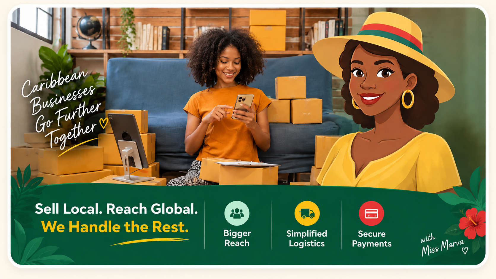 Caribbean Businesses Go Further Together. Sell Local. Reach Global. We Handle the Rest. A Caribbean seller with Miss Marva, highlighting Bigger Reach, Simplified Logistics and Secure Payments.
