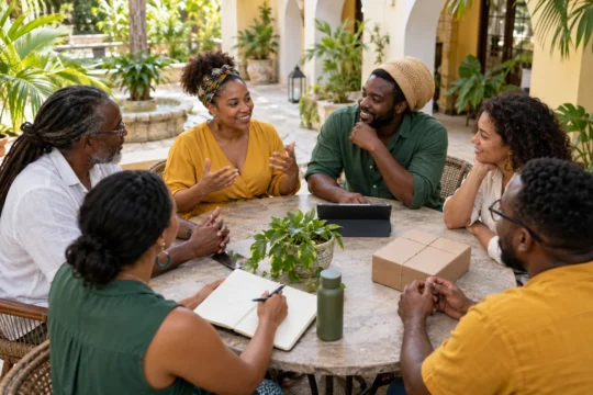 Caribbean small-business owners collaborating in a courtyard.